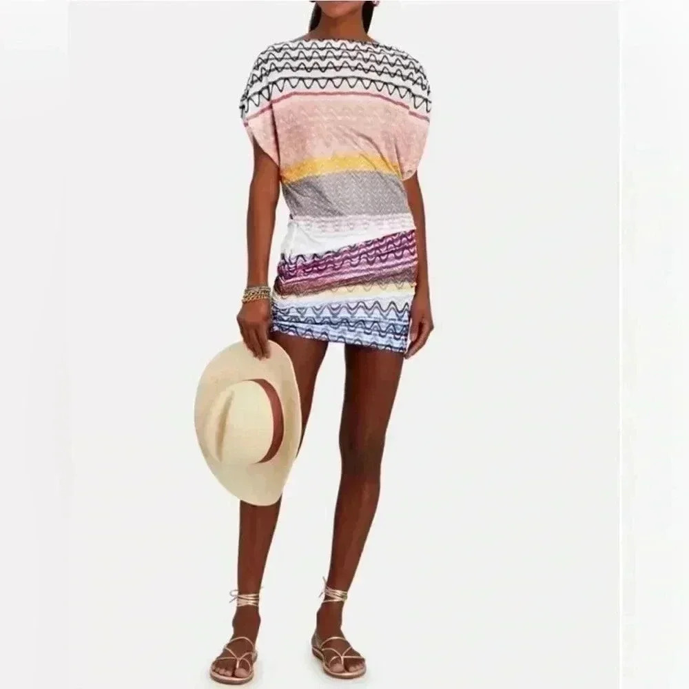 MISSONI Mini Dress Knit Chevron Boatneck 44 8 L Multicolor Midi Short Fitted